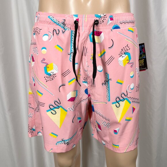 Surf Society Men's Large Pink/Multicolor Retro 80s Geometric Print Swim Shorts - Picture 1 of 8